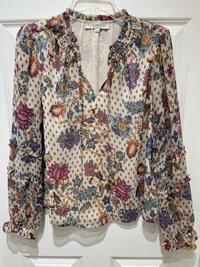 LOFT Cream Floral Ruffle-Trim Peasant Blouse